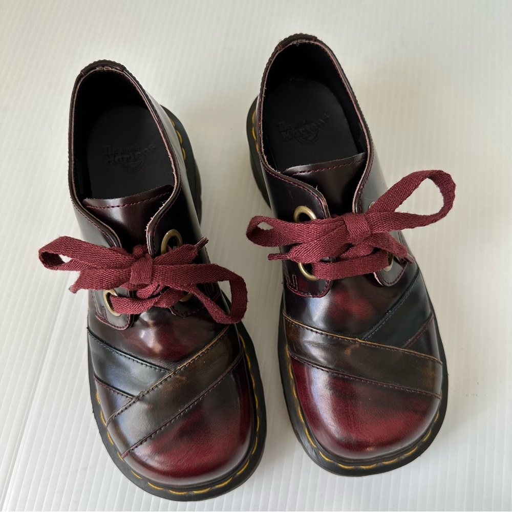 Dr. Martens Burgundy Red Platform Shoes with Yellow Stitching - Picture 2 of 15
